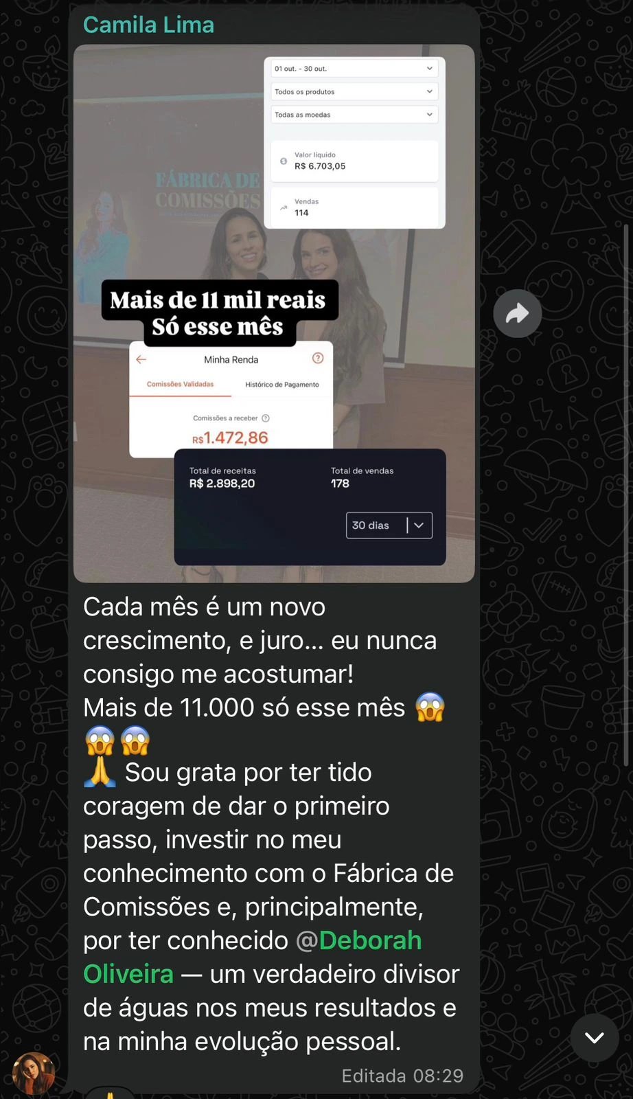 Depoimento de Camila Lima: print de conversa com painéis de vendas e a marcação "Mais de 11 mil reais só esse mês", junto de mensagem de gratidão pelo primeiro passo dado.